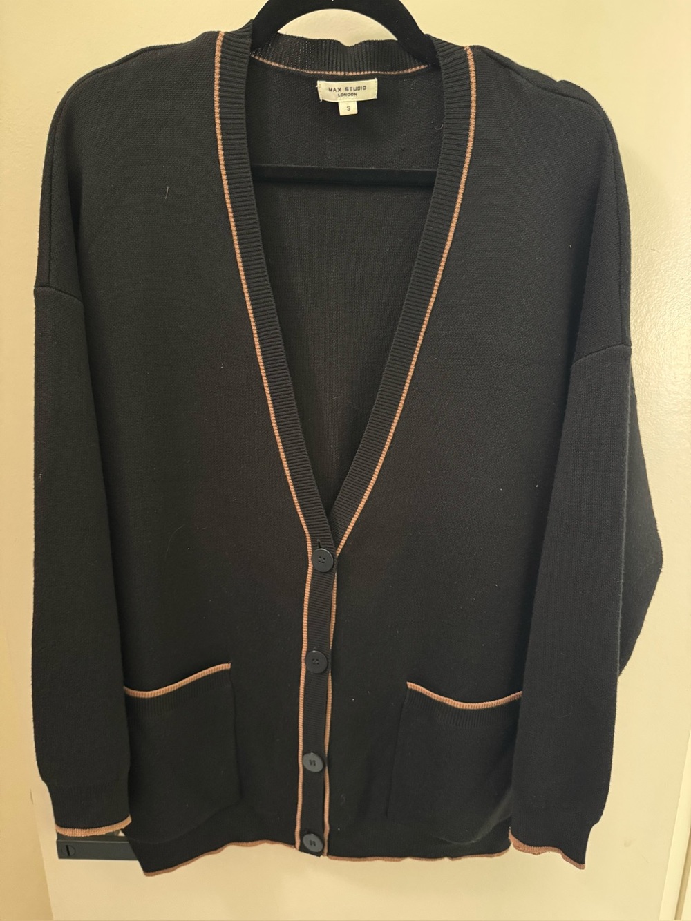 Oversized Max Studio Black Knit Sweater with Tan Letterman Style Sweater Detail